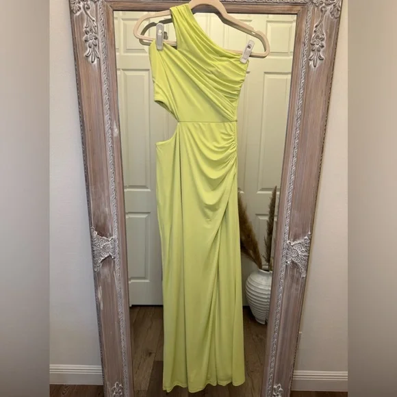 open lace back dress Carmel One-Shoulder Split Maxi Dress Butter